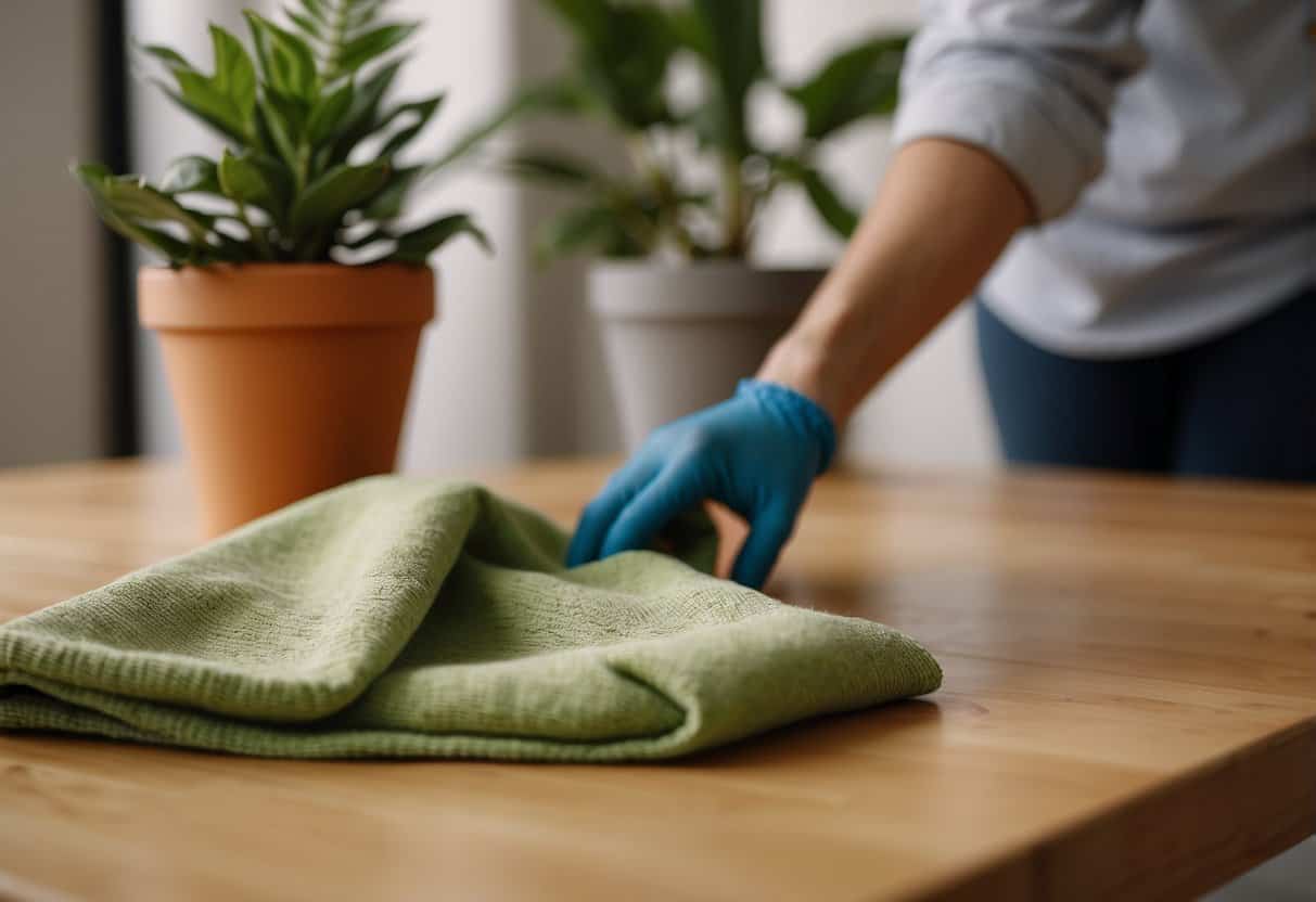 A person uses a soft cloth to dust a wooden table, while another person applies eco-friendly furniture polish. A potted plant sits nearby, adding a touch of greenery to the room