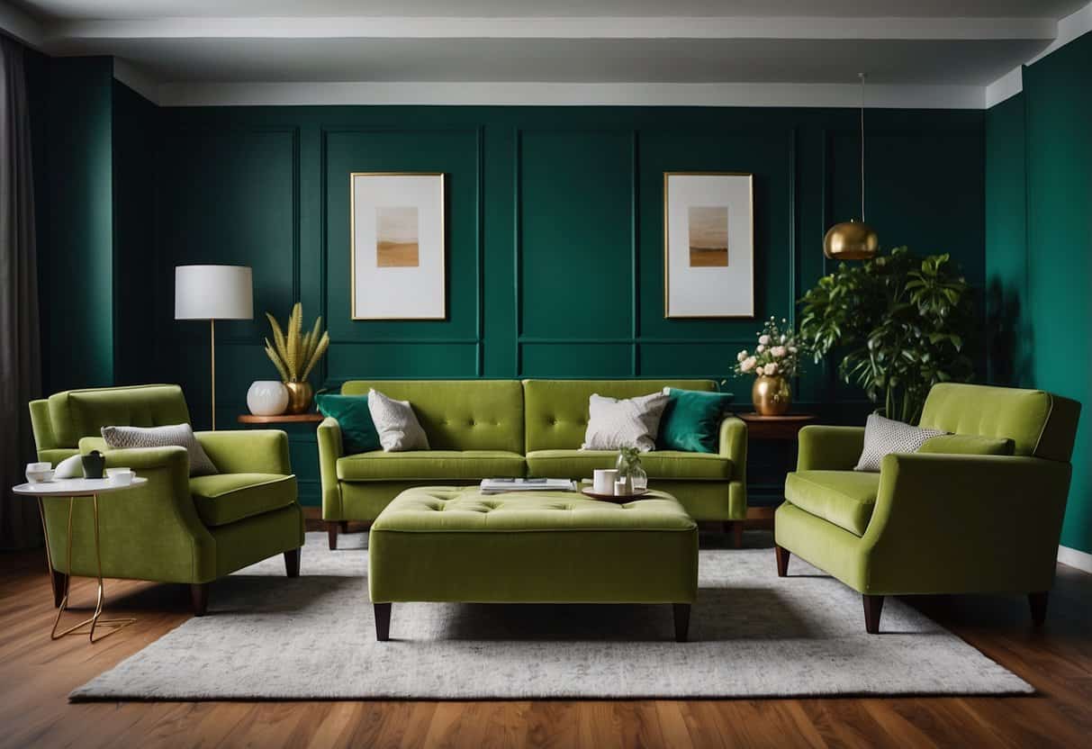 A room with green furniture arranged neatly, including a sofa, chairs, and tables. The color is vibrant and inviting, creating a cozy atmosphere