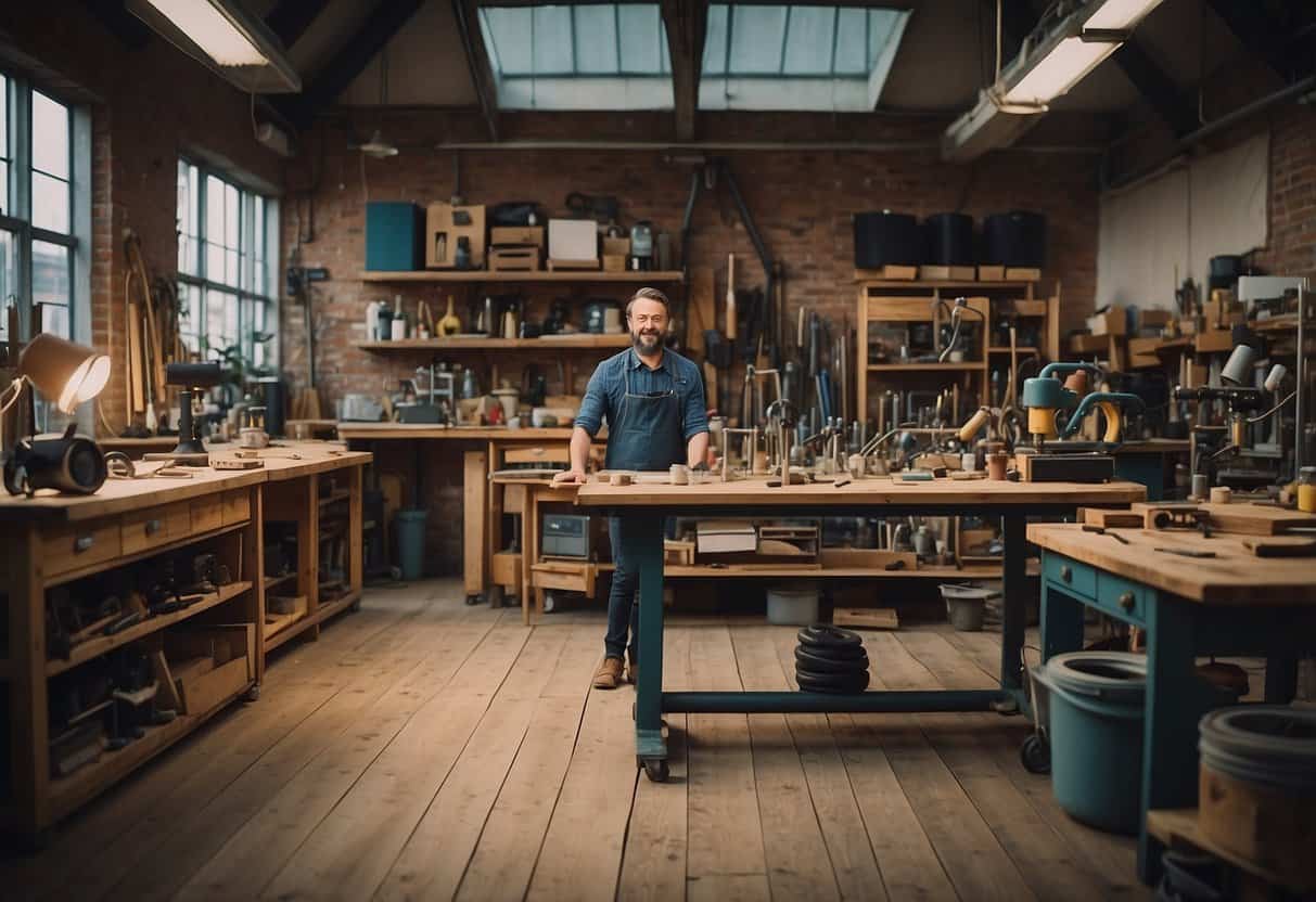 A workshop filled with upcycled materials and tools, creating innovative circular economy furniture designs