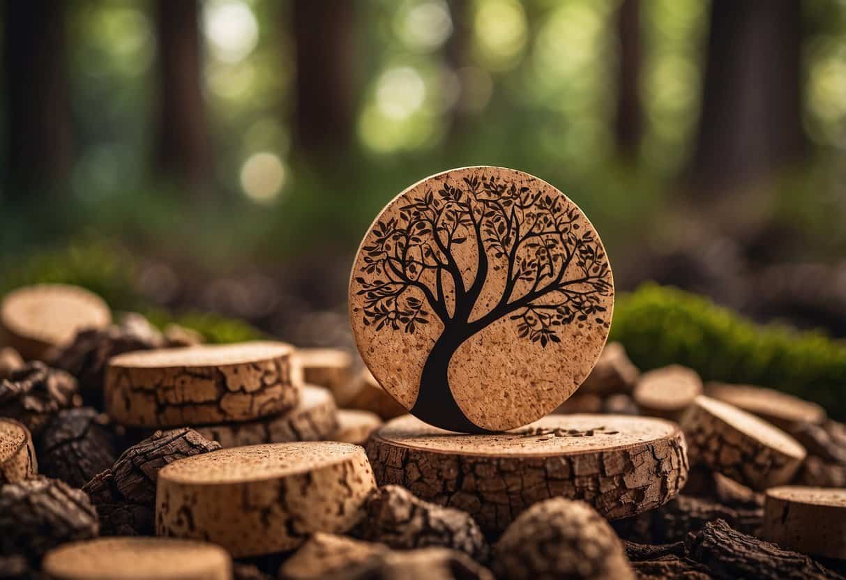 A cork tree stands tall in a forest, with various cork products scattered around - coasters, bulletin boards, and wine stoppers