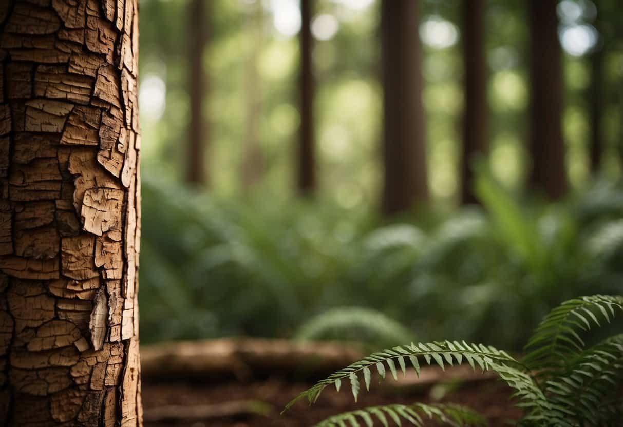 A cork tree stands tall in a lush forest, with its unique bark peeling off in layers. Nearby, a variety of cork products are displayed, showcasing the material's versatility and eco-friendly benefits