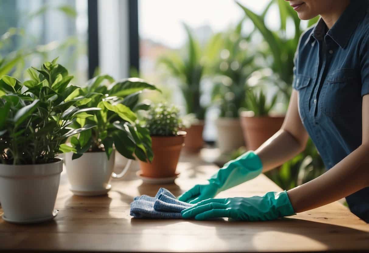 A person cleaning a wooden table with a cloth and eco-friendly cleaner, surrounded by potted plants and natural light