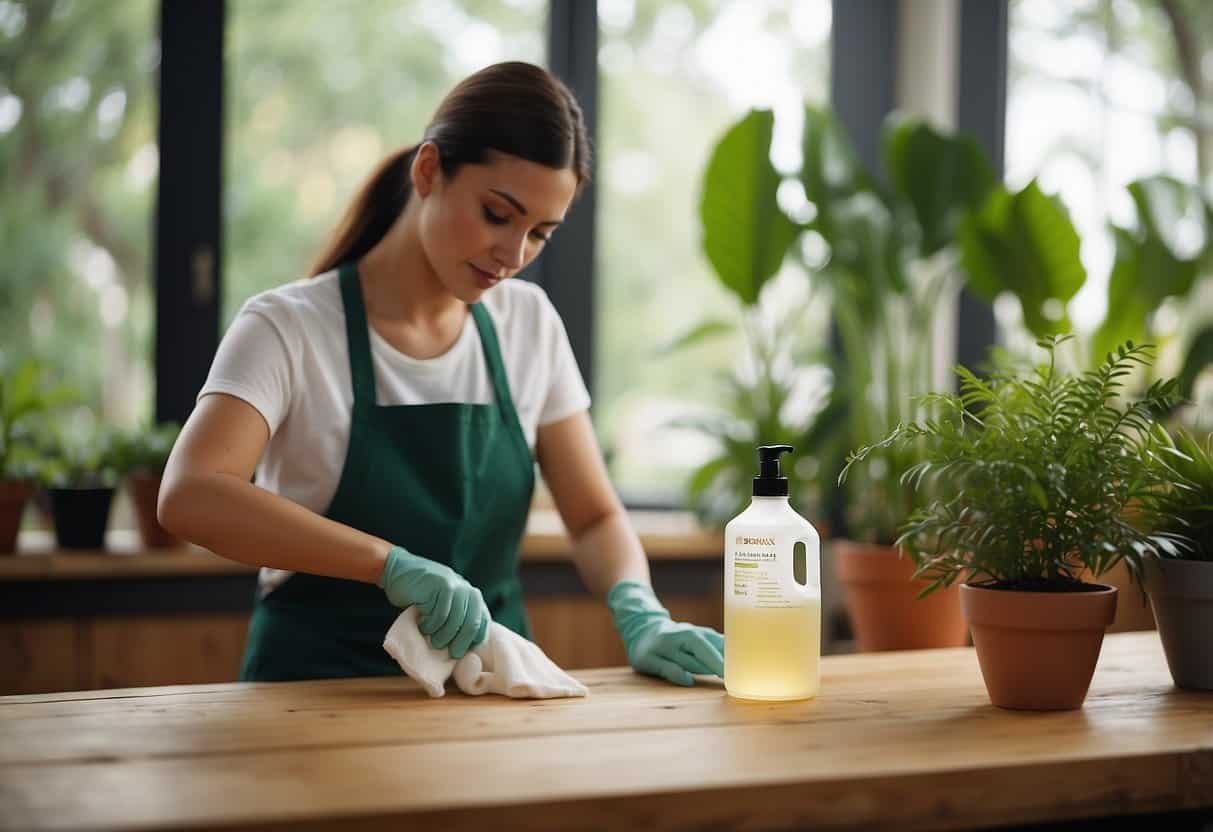 A person wiping down a wooden table with a natural cleaning solution, surrounded by indoor plants and natural light