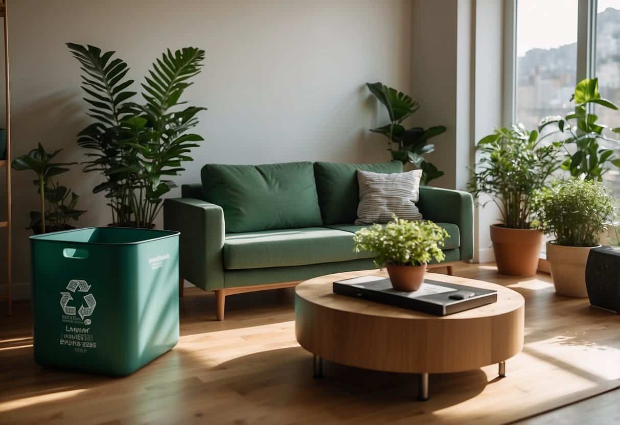 A sustainable living room with eco-friendly furniture, potted plants, and natural lighting. Recycling bins and reusable containers for eco-friendly maintenance