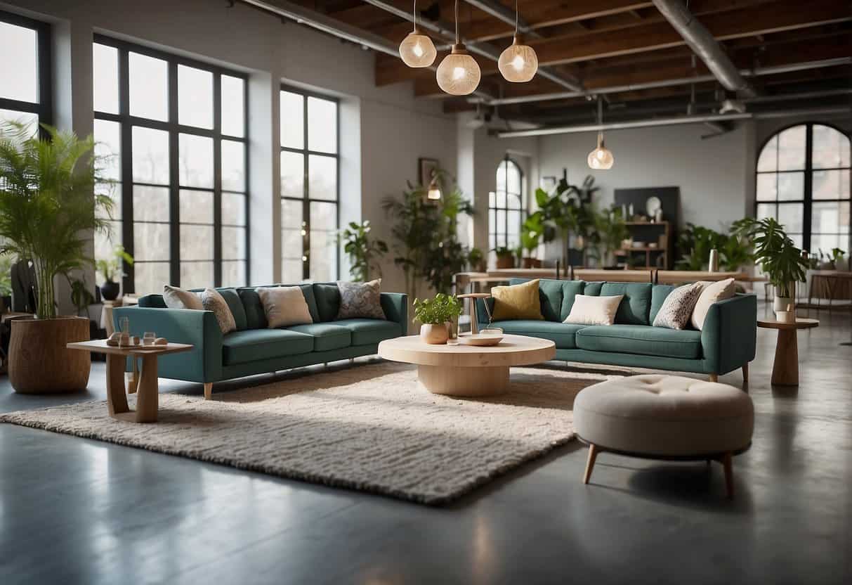 A room filled with modern, stylish furniture made from sustainable materials. A certification badge for eco-friendly validation is prominently displayed on each piece