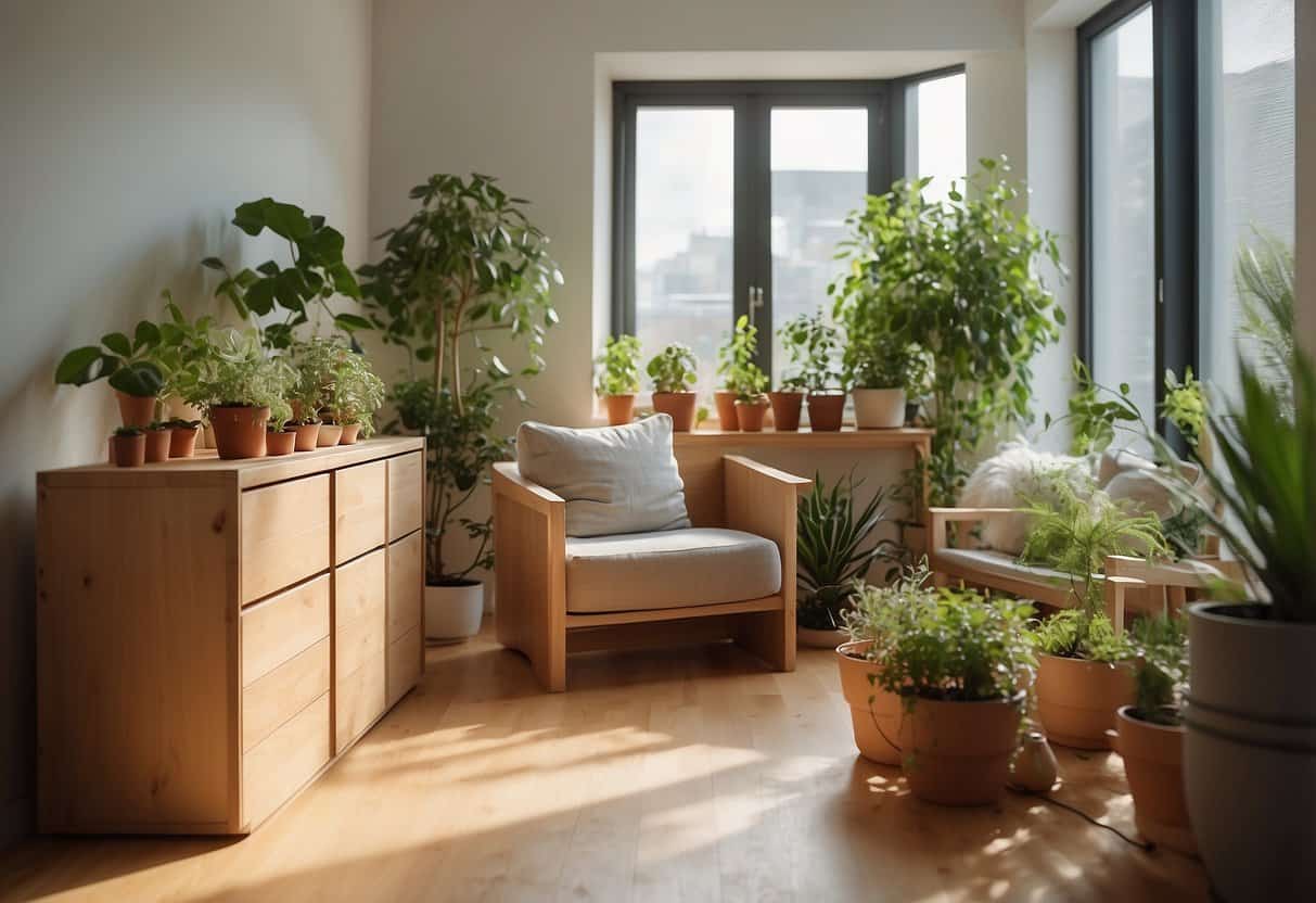 A bright, airy room with sustainable wood furniture, natural fabrics, and potted plants. A recycling bin and energy-efficient lighting complete the eco-friendly scene