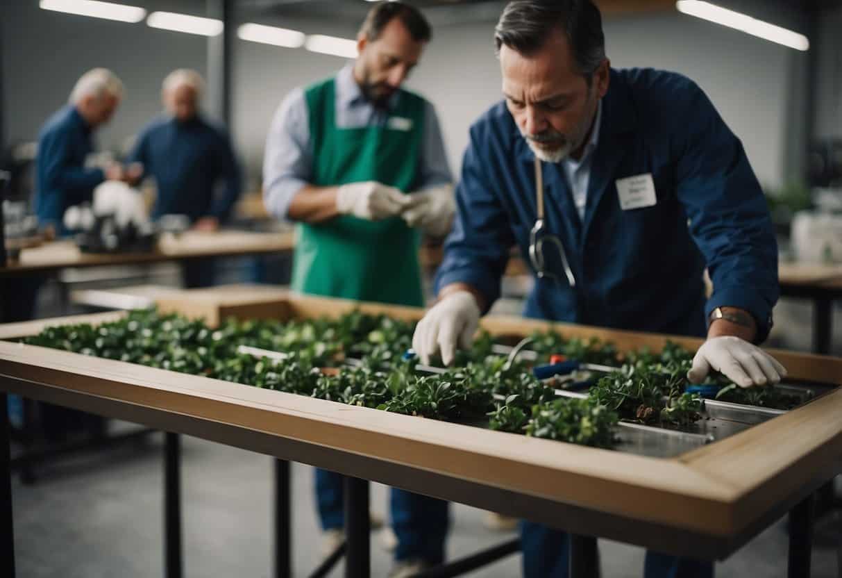 A table made from recycled materials undergoes testing for eco-friendly certification. Scientists inspect its durability and sustainability