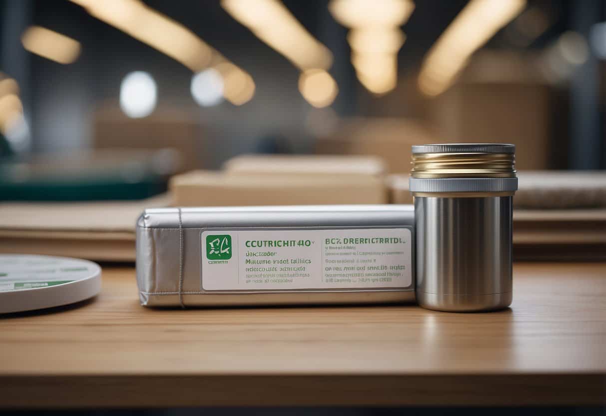 A table with eco-label certifications displayed prominently on the packaging, alongside images of sustainable materials and manufacturing processes