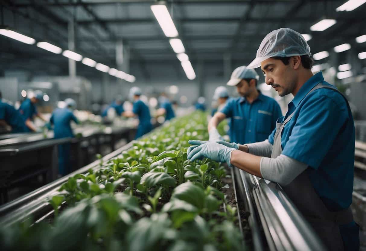 A factory with workers using sustainable materials and transparent processes. Signs with ethical guidelines and happy employees