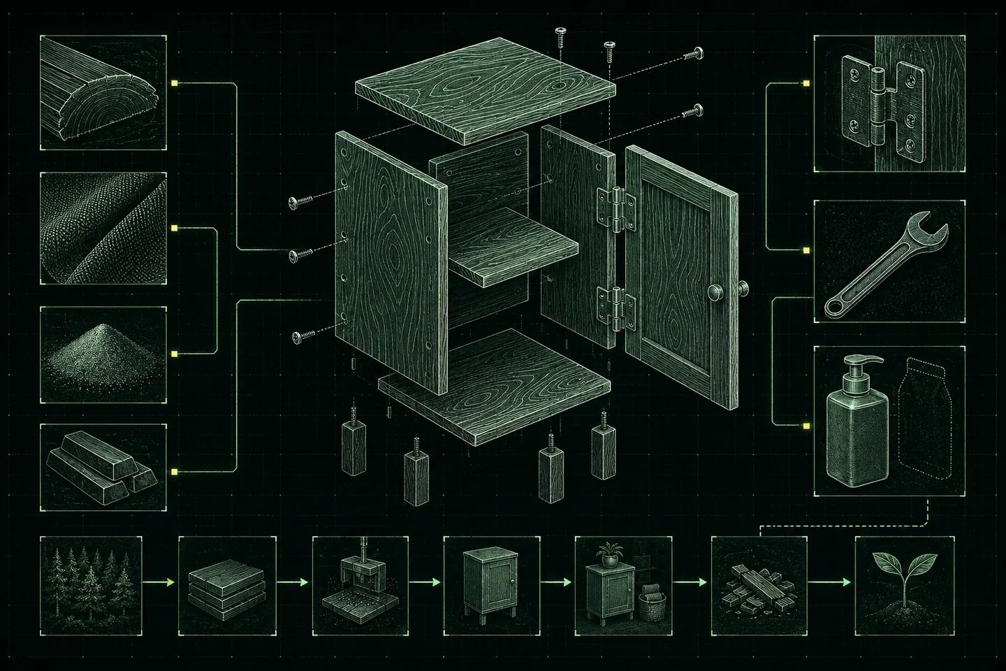 Mint-green technical illustration of an exploded wooden cabinet with removable panels, screws and hinges, surrounded by material swatches, a wrench, refillable bottle and lifecycle stages on a dark grid.