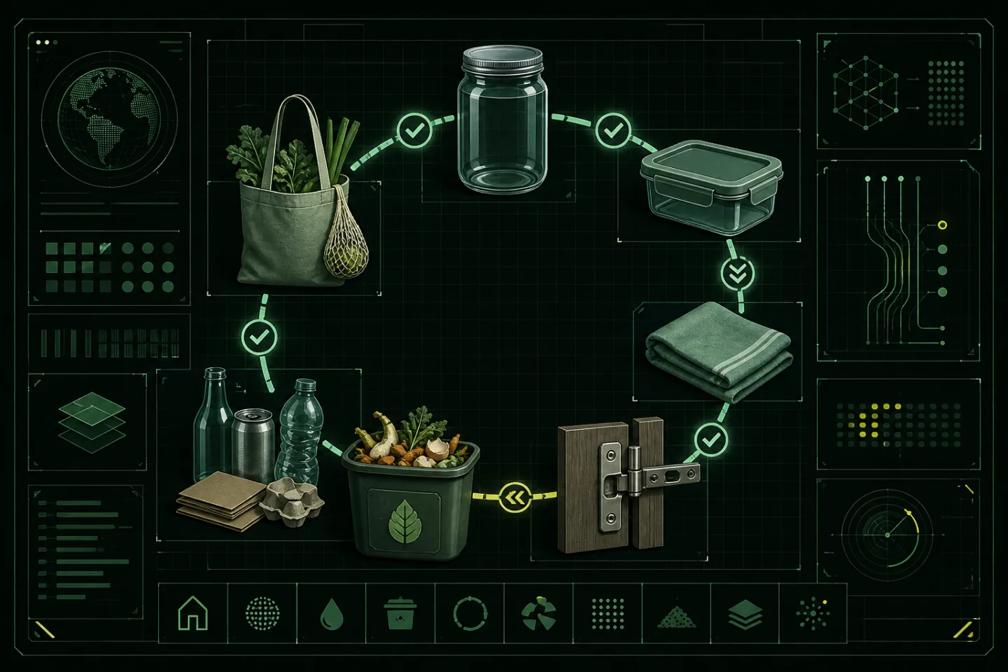 Dark green traceability-console illustration linking a reusable shopping bag, glass jar, food container, washable cloth, repaired cabinet hinge, compost scraps, and sorted recyclables in a zero-waste loop.