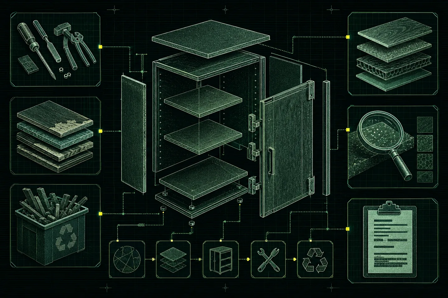 Phosphor-green illustration of an exploded cabinet linked to repair tools, reclaimed boards, material inspection and procurement records on a dark grid.