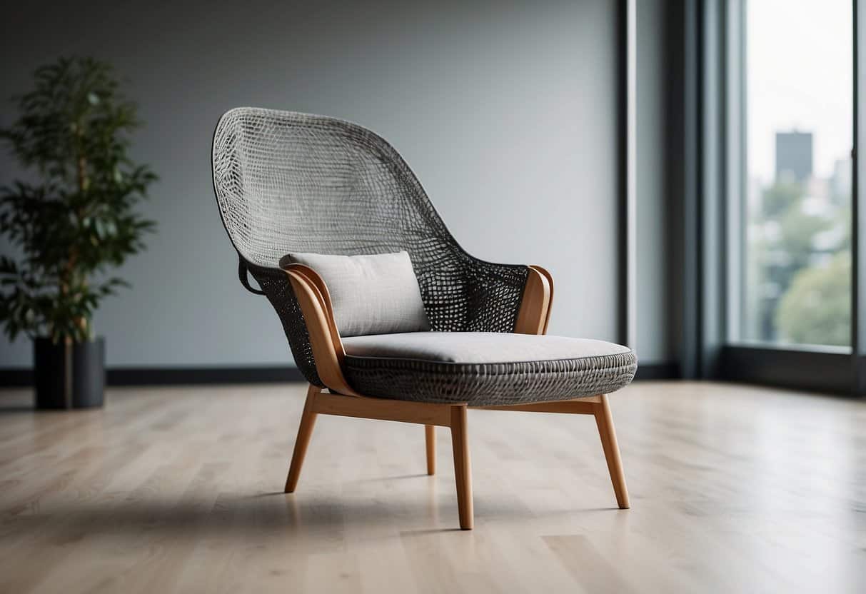 A sleek, modern chair made from recycled materials sits in a bright, airy room. The chair's design showcases sustainability and longevity, with minimal environmental impact