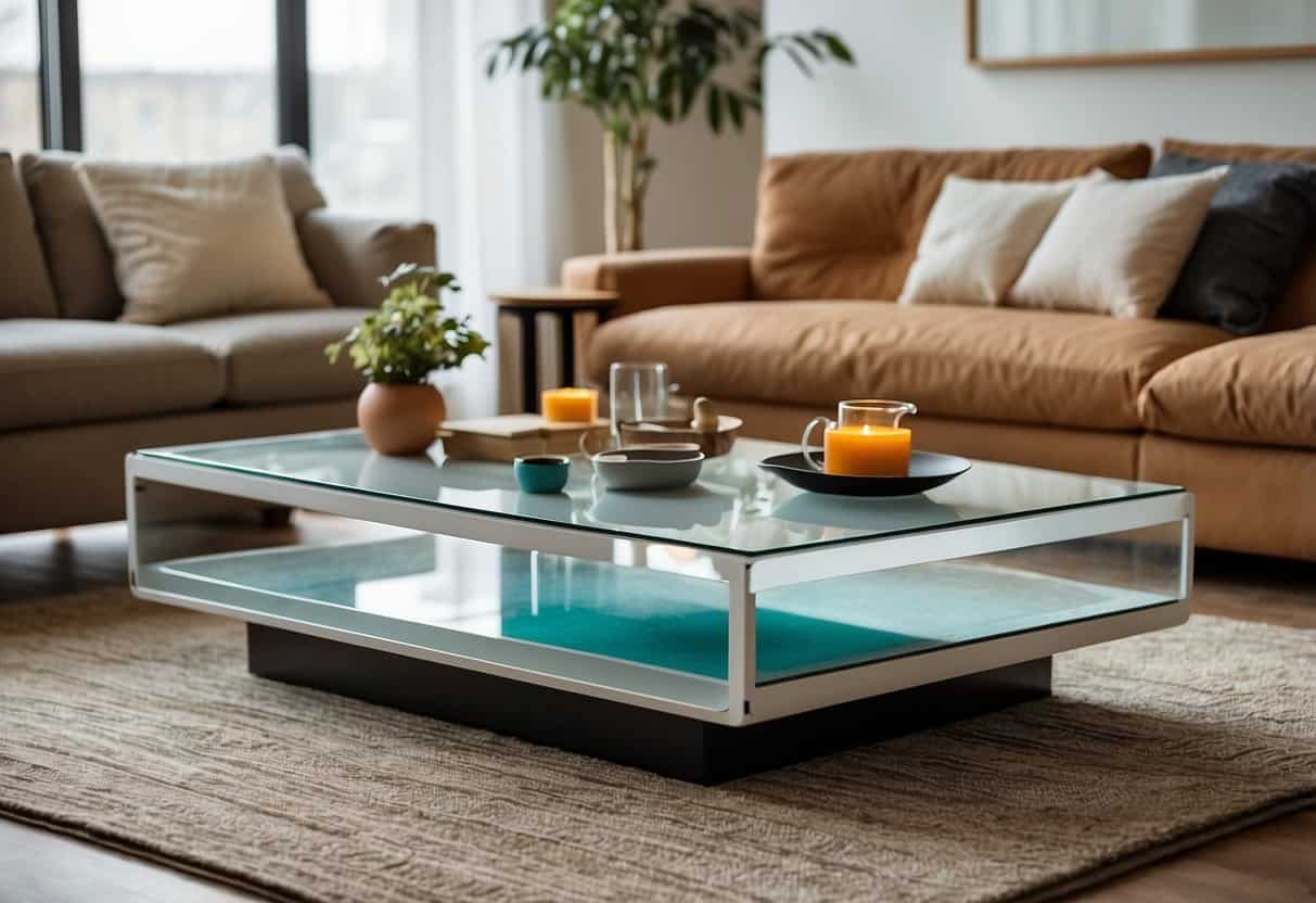 A modern living room with energy-efficient LED lighting, a sleek bamboo coffee table, and a recycled plastic rug, showcasing sustainable furniture options