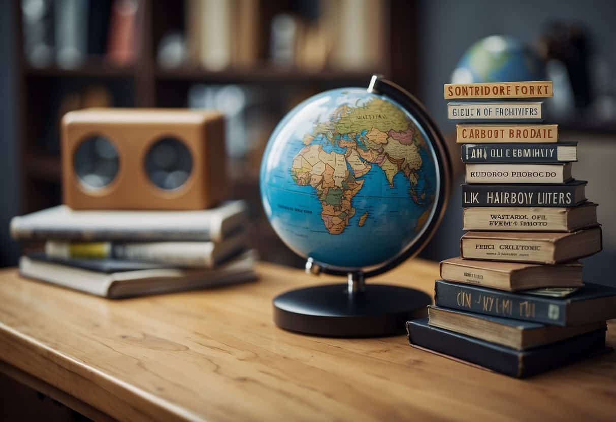 A stack of furniture items with a carbon footprint label. A globe in the background