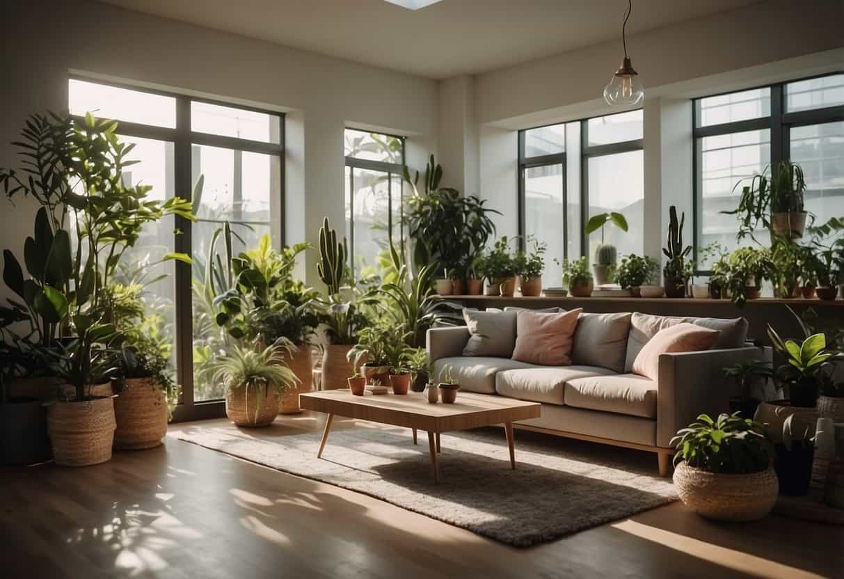 A room with modern furniture made from sustainable materials, surrounded by potted plants and energy-efficient lighting