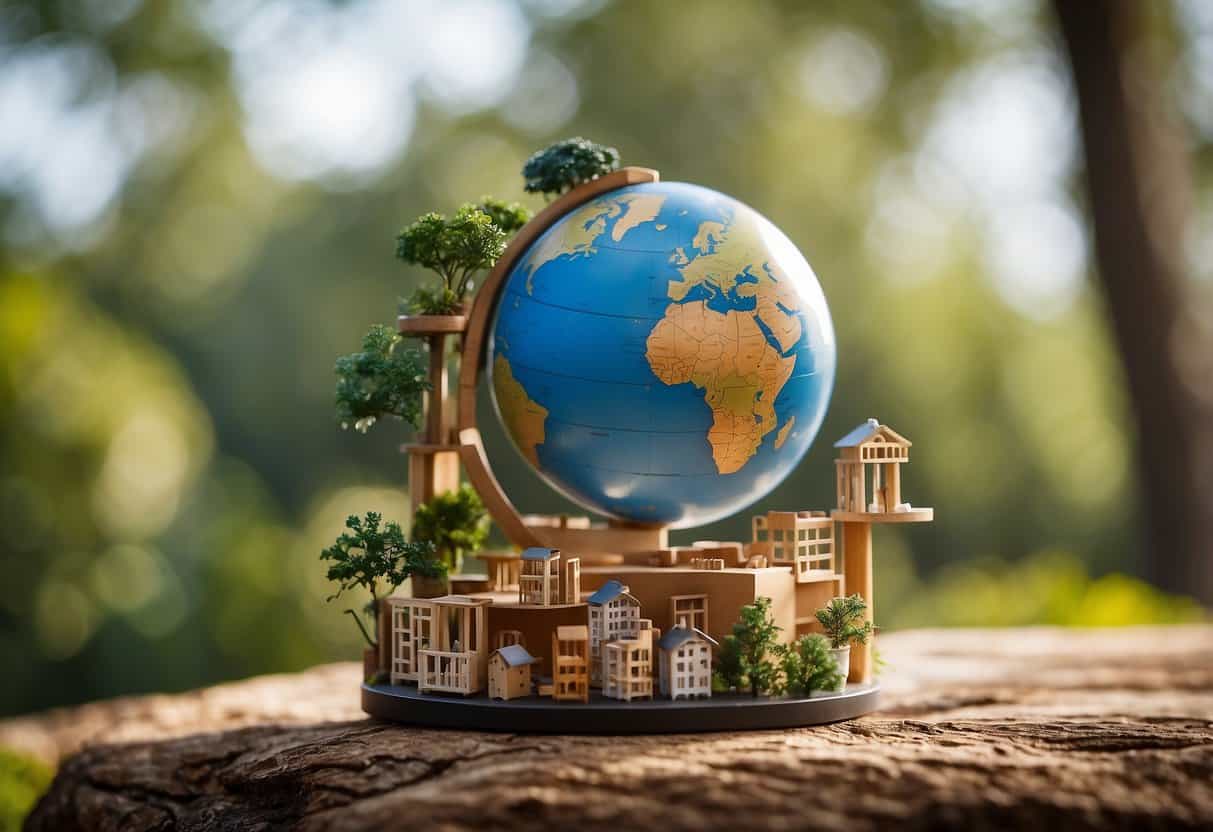 A stack of furniture with a globe and a recycling symbol, surrounded by trees and wildlife, showcasing the environmental impact of furniture production