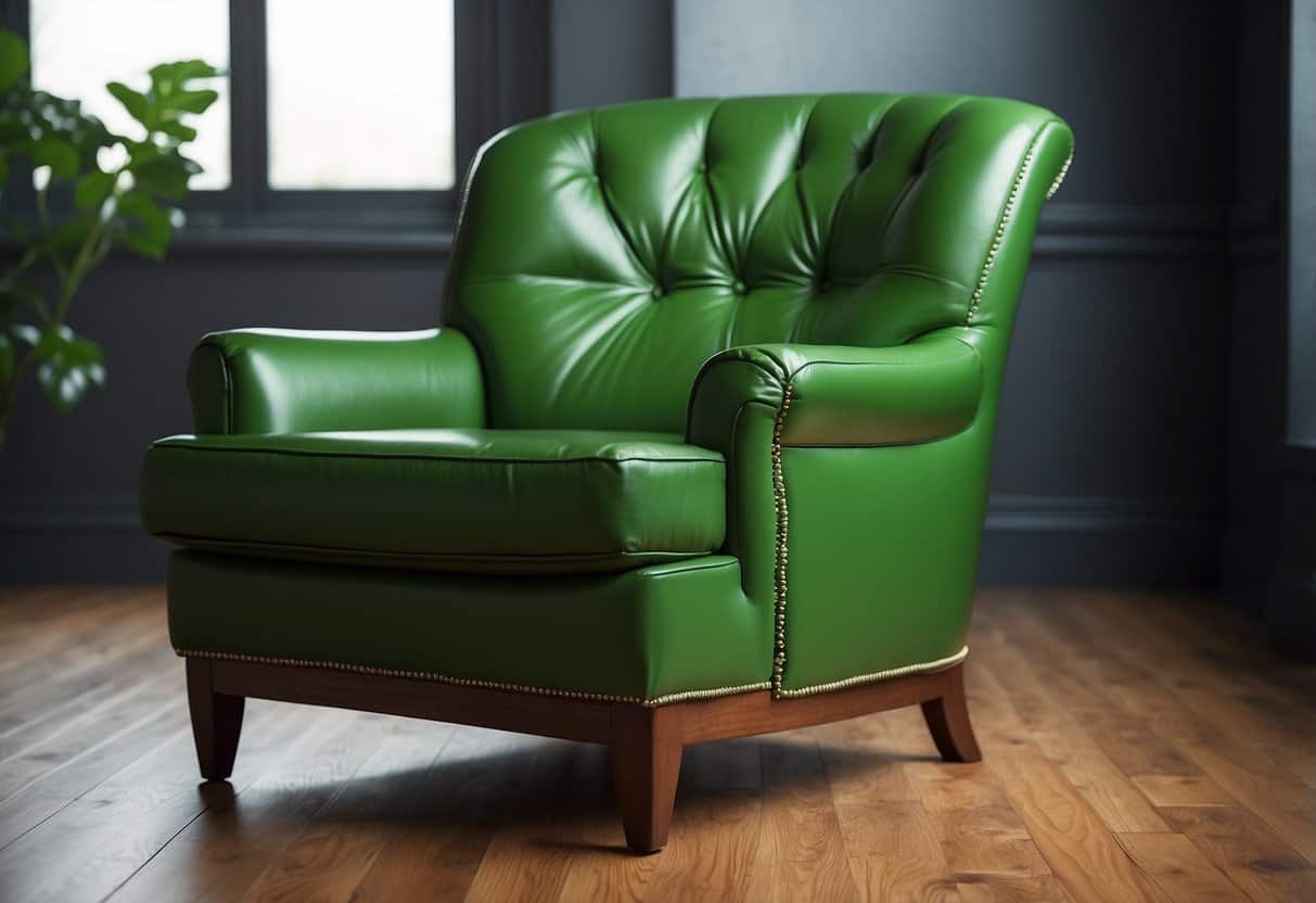 A bright green armchair sits on a polished wooden floor, with a matching green side table adorned with a decorative seal