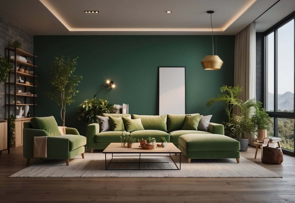 A living room with eco-friendly furniture, sealed with a green certification label