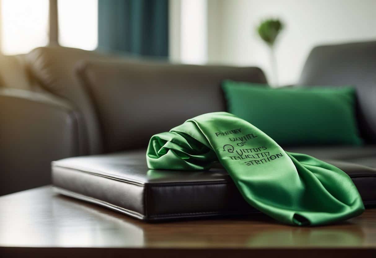 A bright green seal sits proudly on top of a modern piece of furniture, with a banner reading "Frequently Asked Questions" draped over it