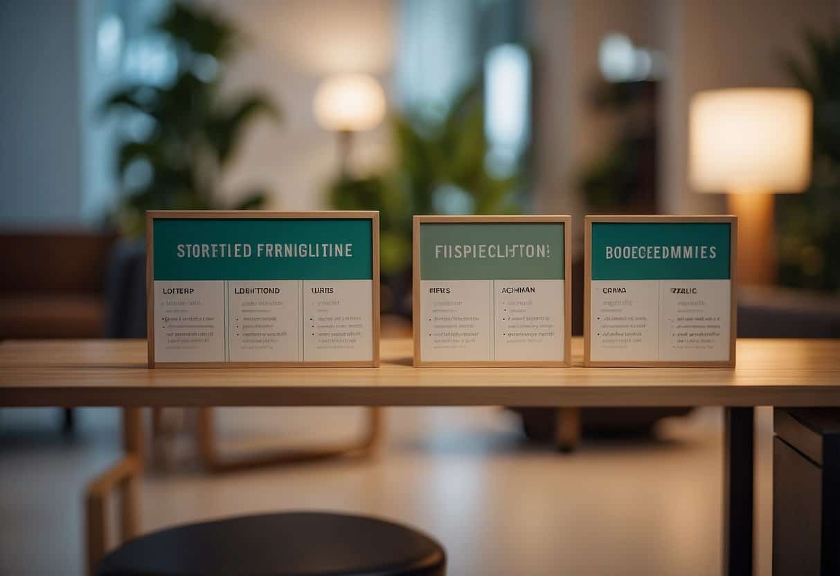 A room with eco-friendly furniture labels and certifications prominently displayed