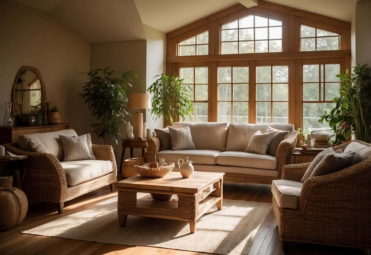 A cozy living room with hemp fiber furniture: a sturdy sofa, a sleek coffee table, and a pair of comfortable armchairs. Natural light streams in through the window, casting a warm glow on the earthy, sustainable furnishings