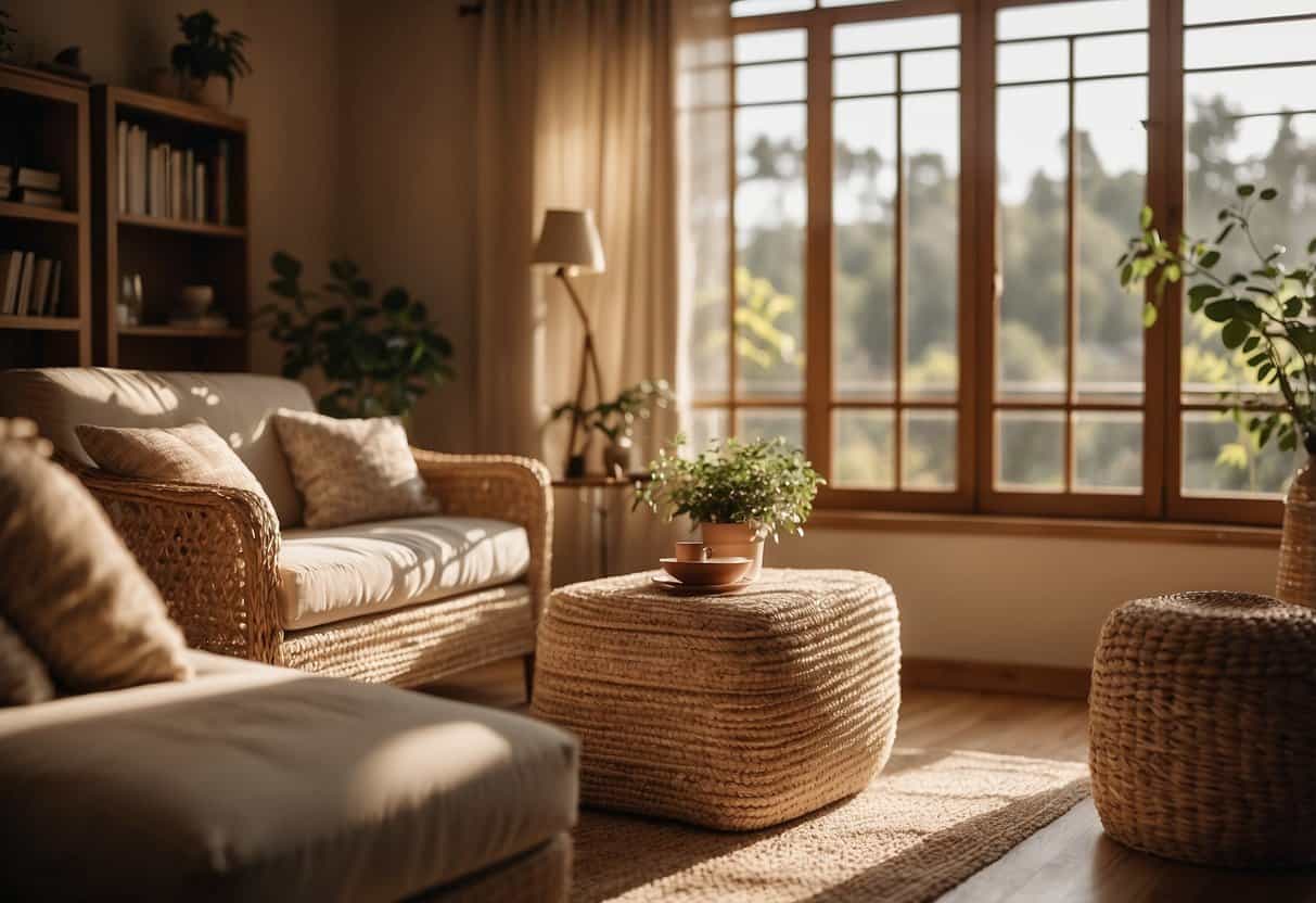 A cozy living room with jute fiber furniture, including a sofa, armchair, and coffee table. Sunlight filters through the window, casting warm shadows on the natural, earthy textures
