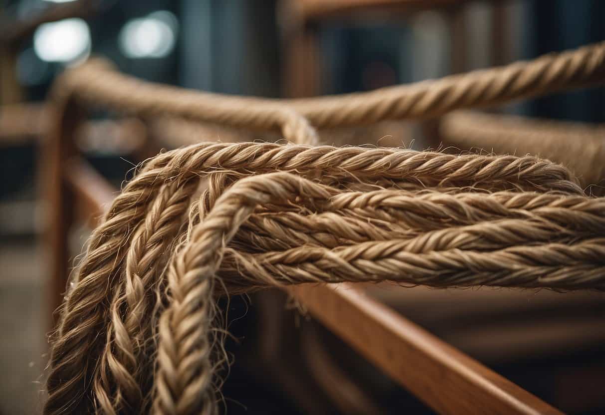 Jute fibers being woven into furniture frames and upholstery