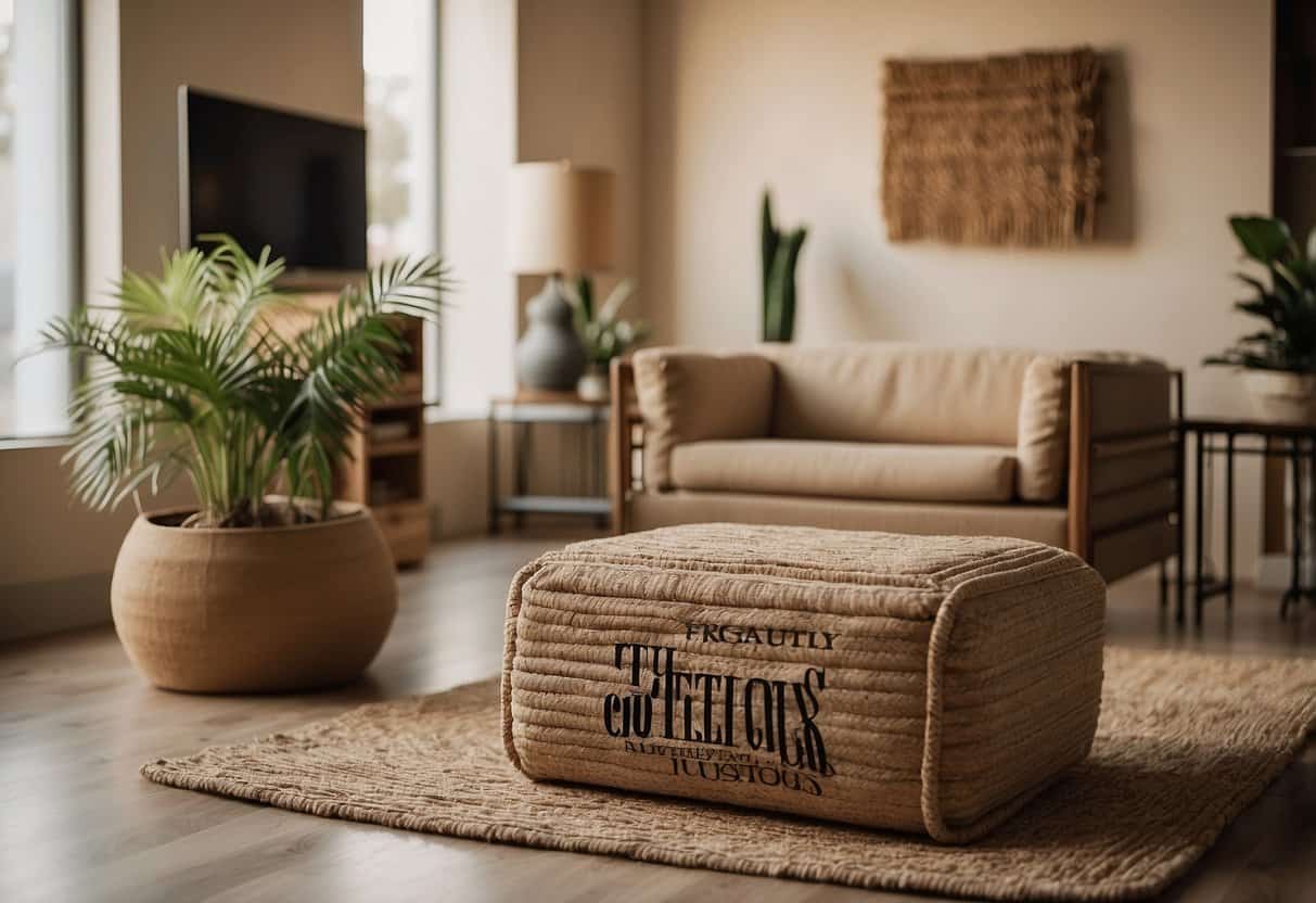 A room with jute fiber furniture arranged neatly, with a sign reading "Frequently Asked Questions" in the background