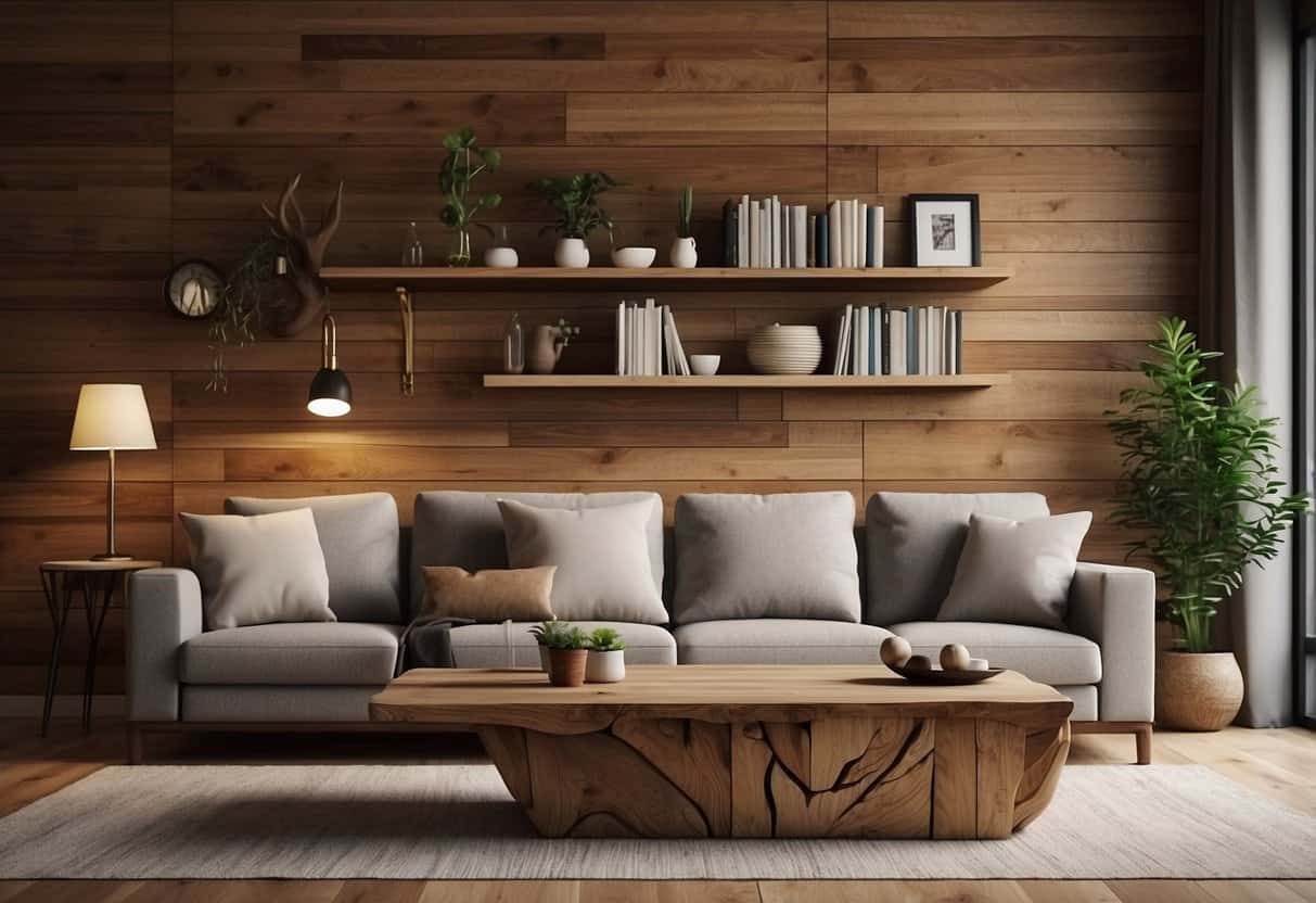 A cozy living room with organic wood decor, including a hand-carved coffee table, a wooden bookshelf, and a rustic wooden accent wall
