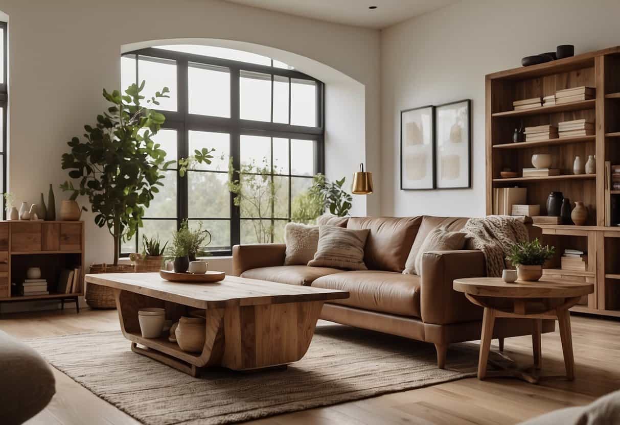 A cozy living room with earthy tones and natural textures, featuring organic wood decor such as a coffee table, bookshelf, and wall art