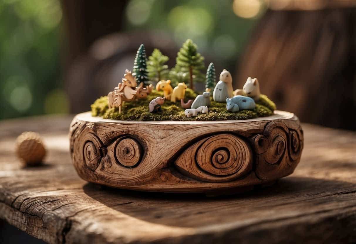 A rustic wooden table adorned with organic wood decor, including hand-carved figurines and natural bark accents