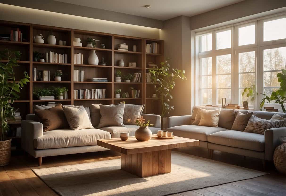 A cozy living room with a large, handcrafted wooden coffee table, surrounded by natural wood shelves and a wooden floor. Sunlight streams in through the windows, casting warm, natural tones over the space