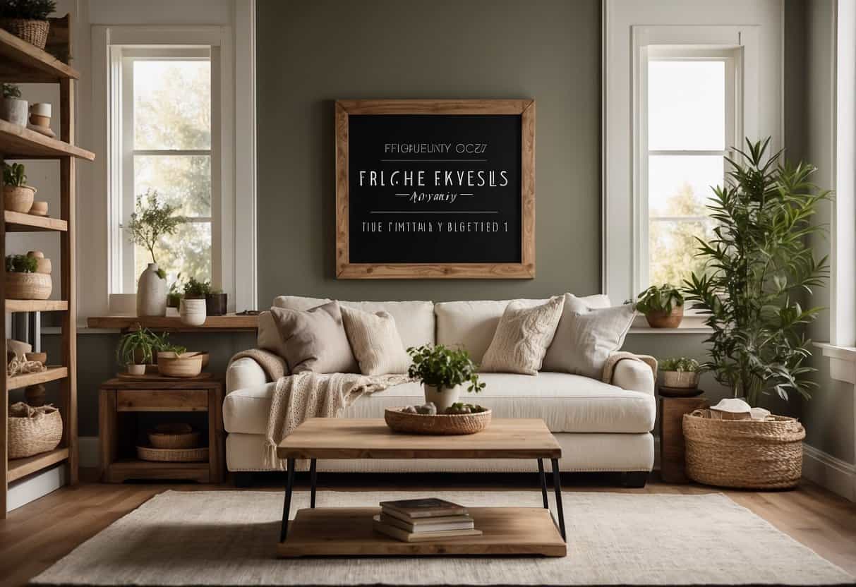 A cozy living room with natural wood shelves adorned with organic decor. A sign nearby reads "Frequently Asked Questions" in elegant script