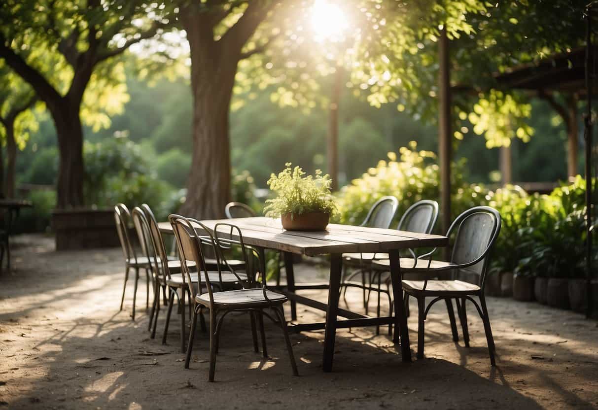 A rustic outdoor setting with weathered metal chairs and tables, surrounded by lush greenery and sunlight streaming through the trees