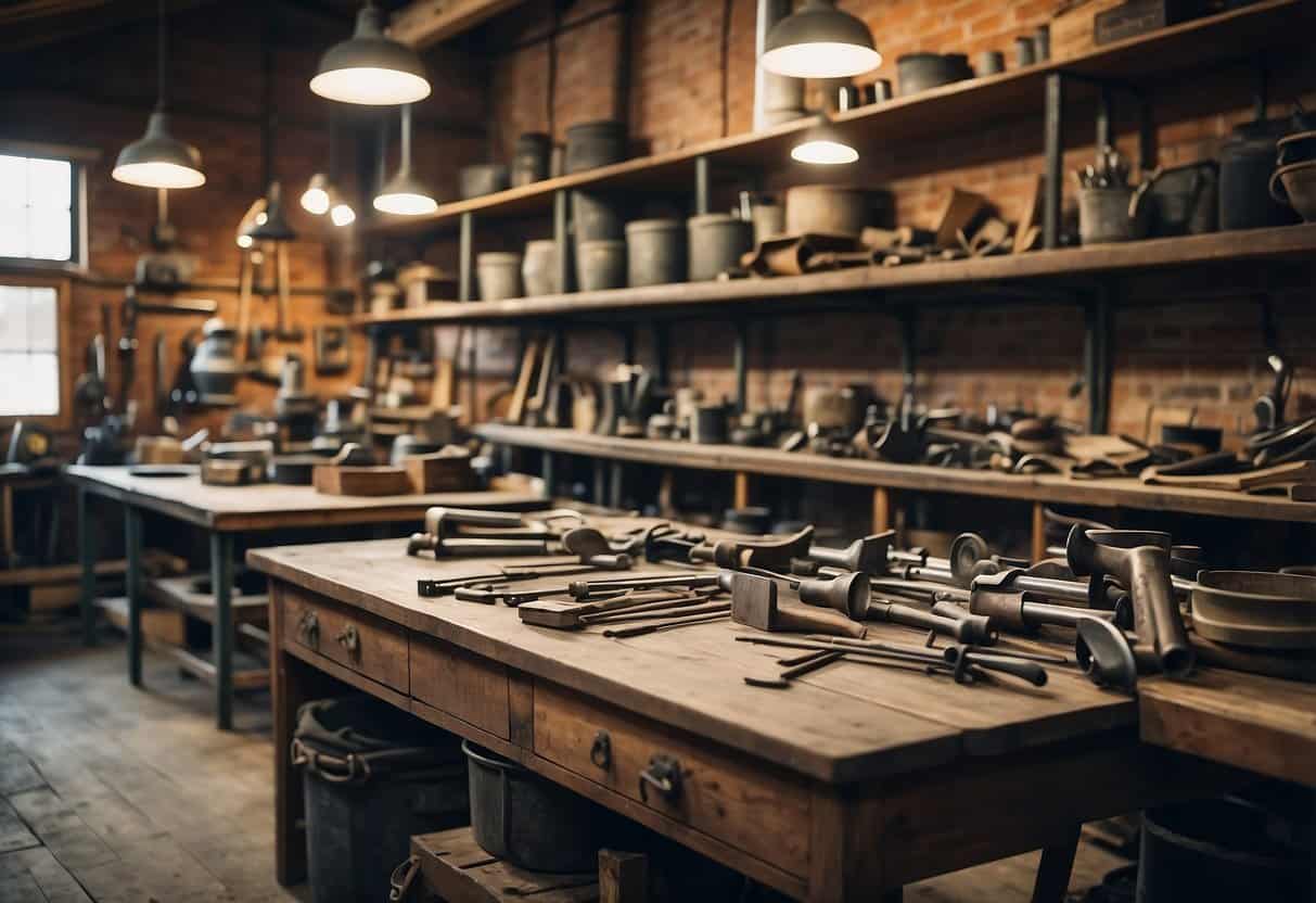 A rustic workshop with tools and stacks of reclaimed metal. Finished furniture pieces on display