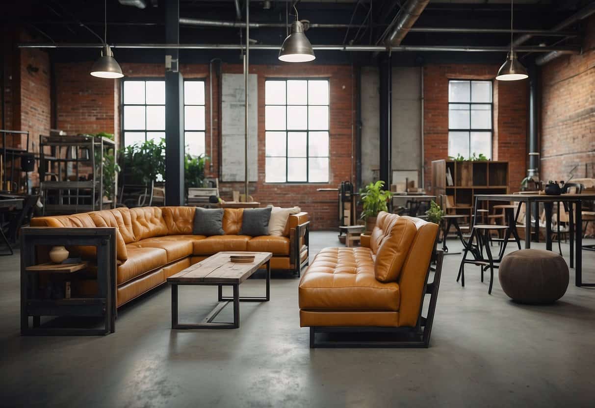 Reclaimed metal furniture arranged with industrial decor in a spacious, loft-style room