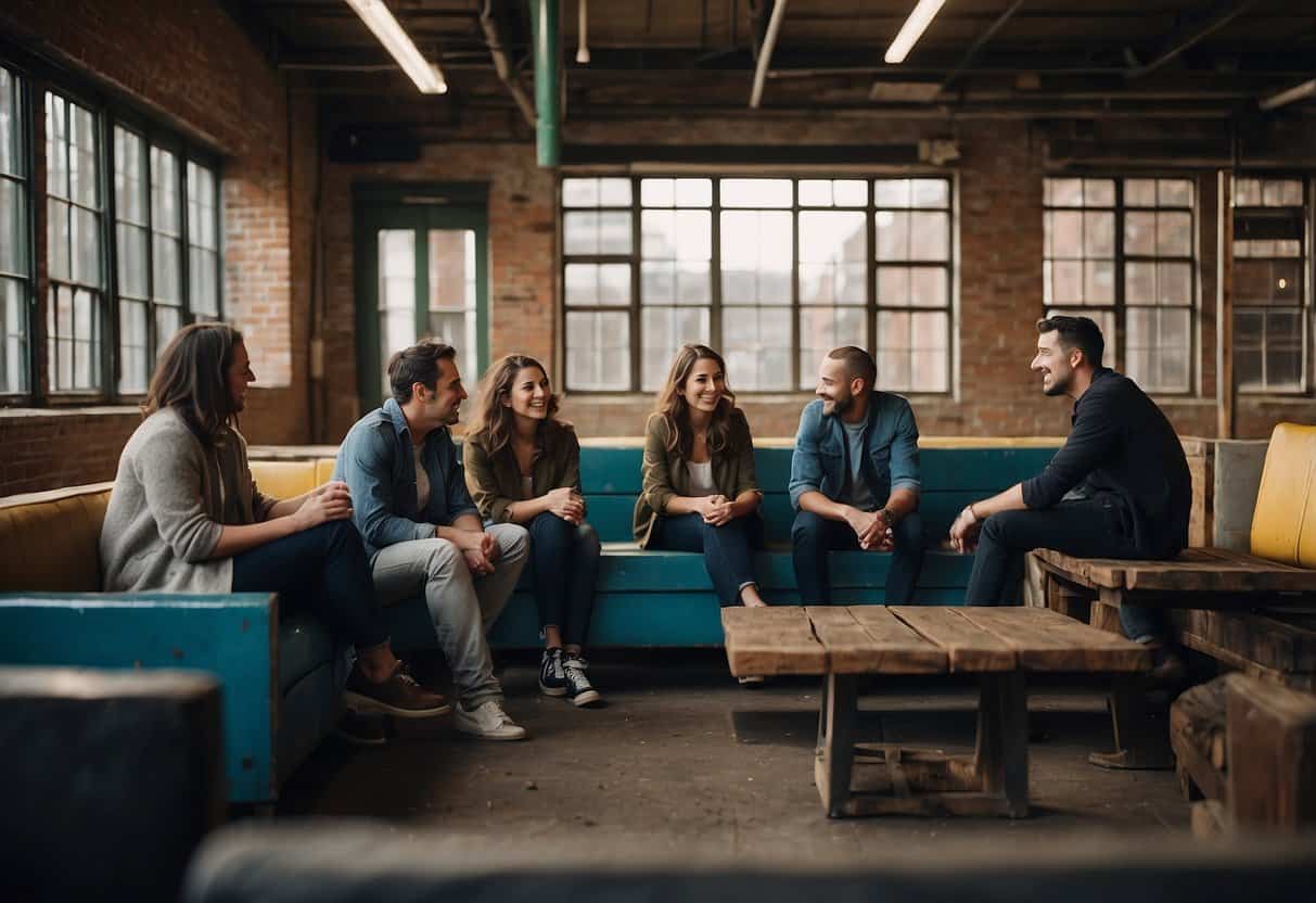 A group of people are sitting and chatting on reclaimed metal furniture in a vibrant, bustling community space. The furniture is weathered yet sturdy, and it adds a unique, industrial charm to the scene