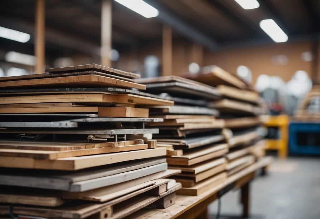 Various recycled furniture components, such as wooden planks, metal frames, and plastic panels, are neatly organized in a workshop