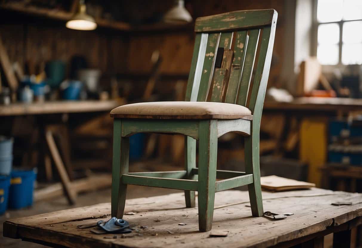 An old wooden chair is sanded and repainted. A broken table leg is glued back together. Tools and paint cans are scattered around the workshop