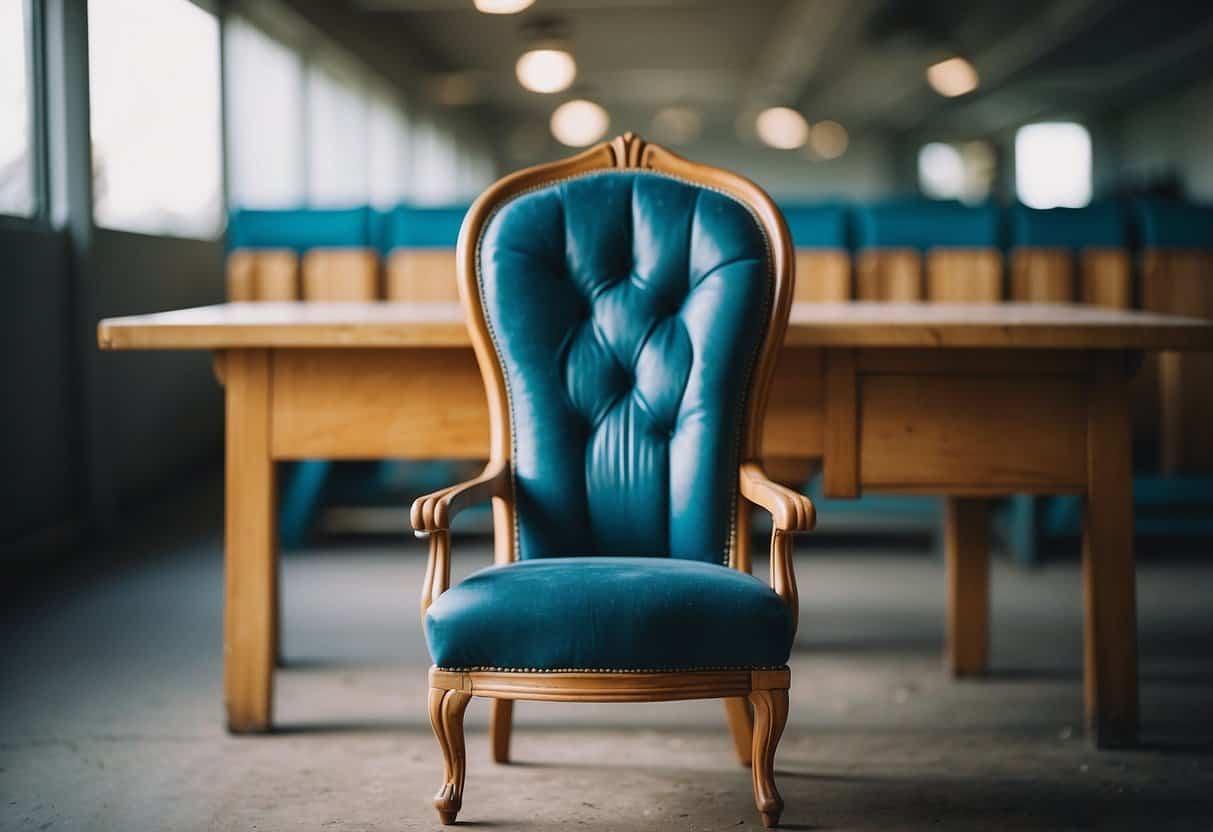 A worn-out chair is sanded down, painted, and polished, transforming it into a vibrant piece of recycled furniture