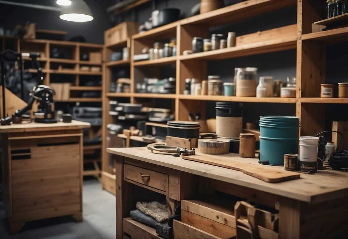 A workshop with tools and materials for restoring furniture, including sandpaper, paint, and varnish. Shelves display finished pieces