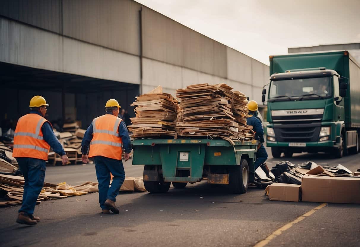 A pile of old furniture being collected by a recycling truck, with workers sorting and loading items into the back