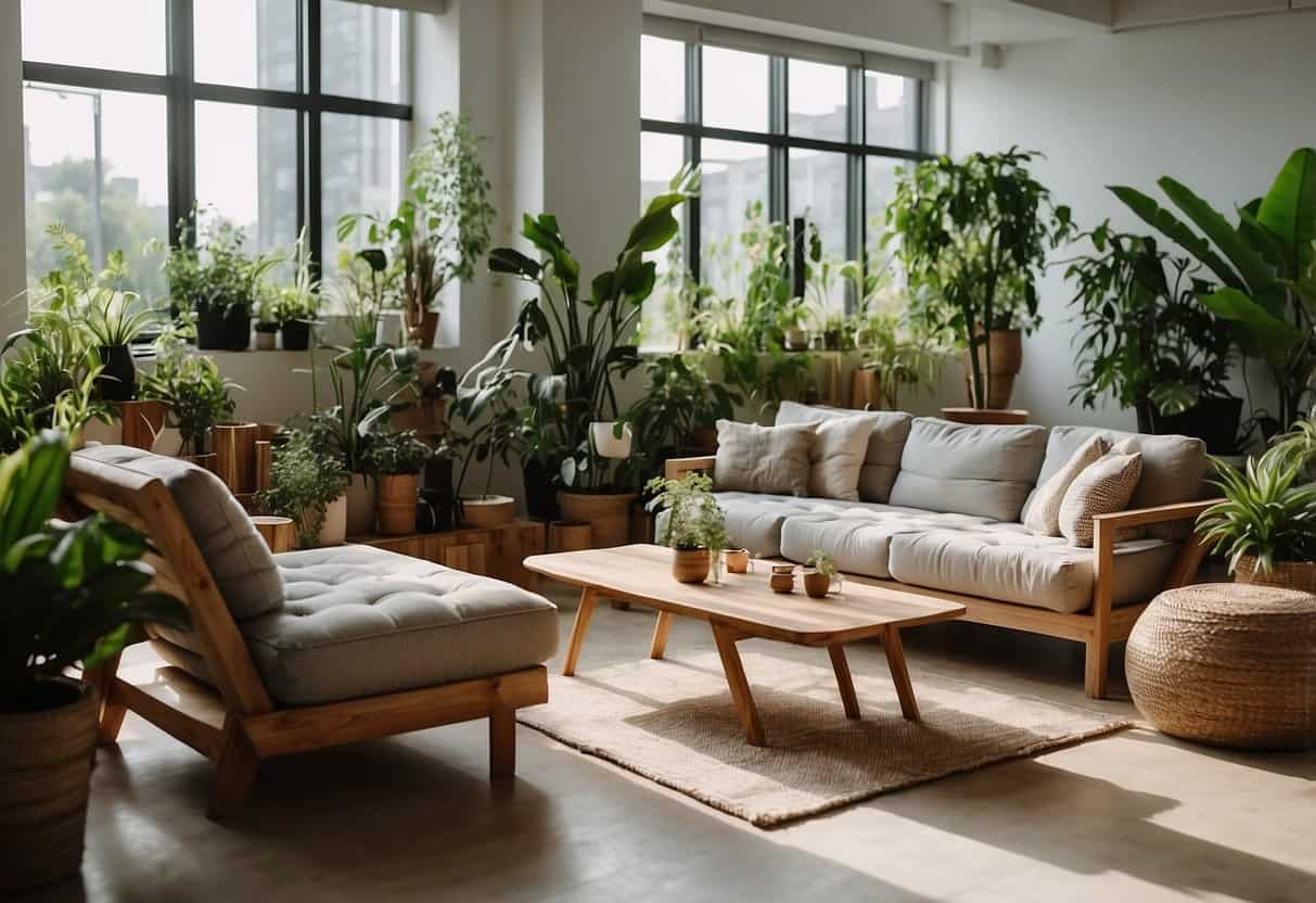 A room filled with modern, eco-friendly furniture made from recycled materials, with natural lighting and plants, showcasing sustainability