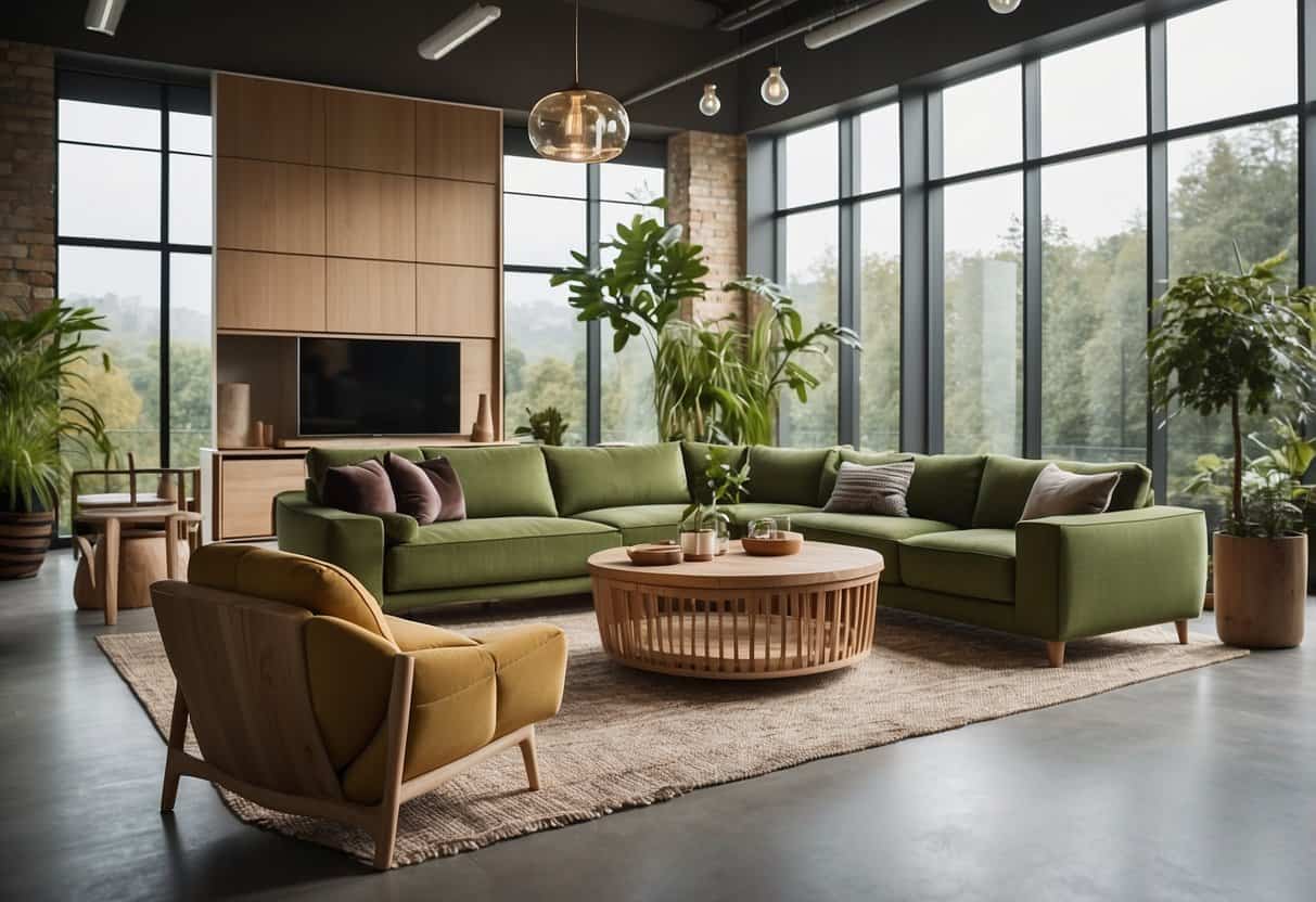 A room with modern, eco-friendly furniture from various sustainable brands. Each piece is labeled with its environmental certifications and materials used