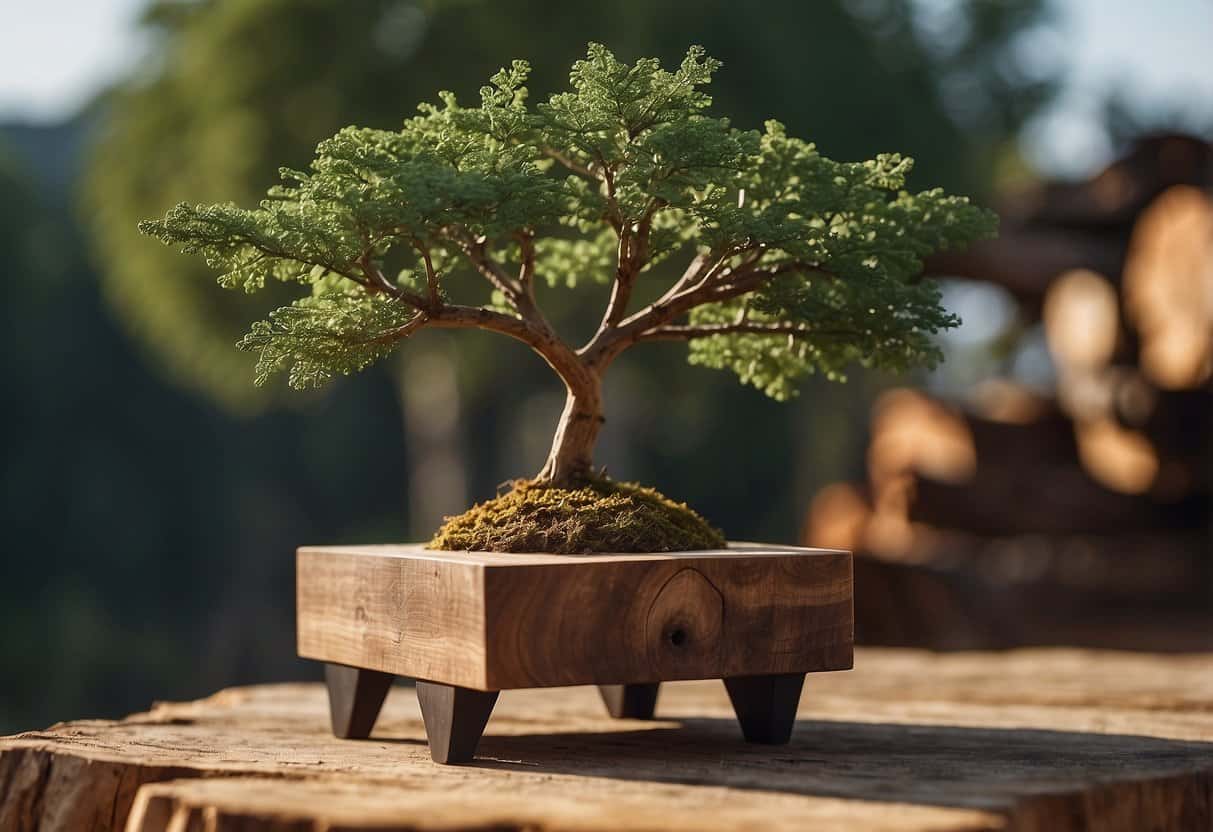 A tree being sustainably harvested, processed into lumber, and then transformed into a beautiful piece of furniture through eco-friendly manufacturing processes