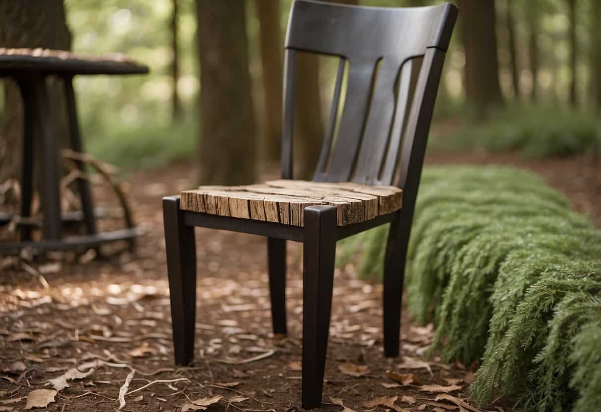 A tree is harvested and crafted into a sleek chair. Over time, it shows signs of wear and tear. Eventually, it is dismantled and repurposed into a new piece of furniture