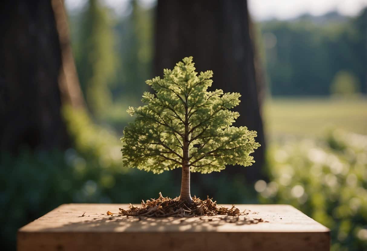 A tree being sustainably harvested, then crafted into furniture, and finally recycled at the end of its lifecycle