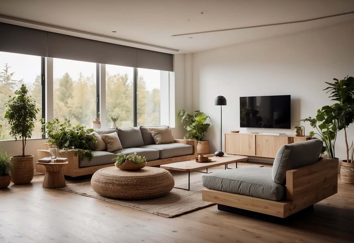 A room with eco-friendly furniture labeled with sustainability ratings. Natural materials, minimal packaging, and recyclable components are emphasized