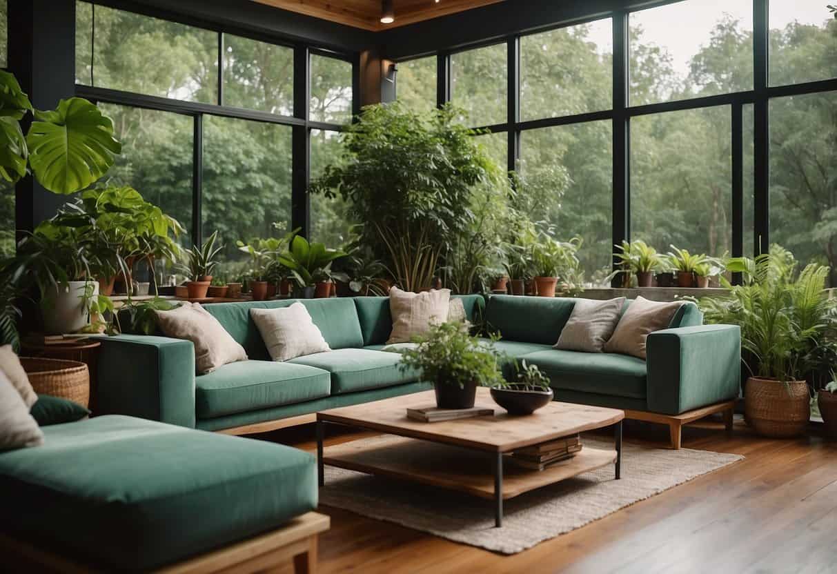 A living room with eco-friendly furniture made from recycled materials, surrounded by lush green plants and natural lighting